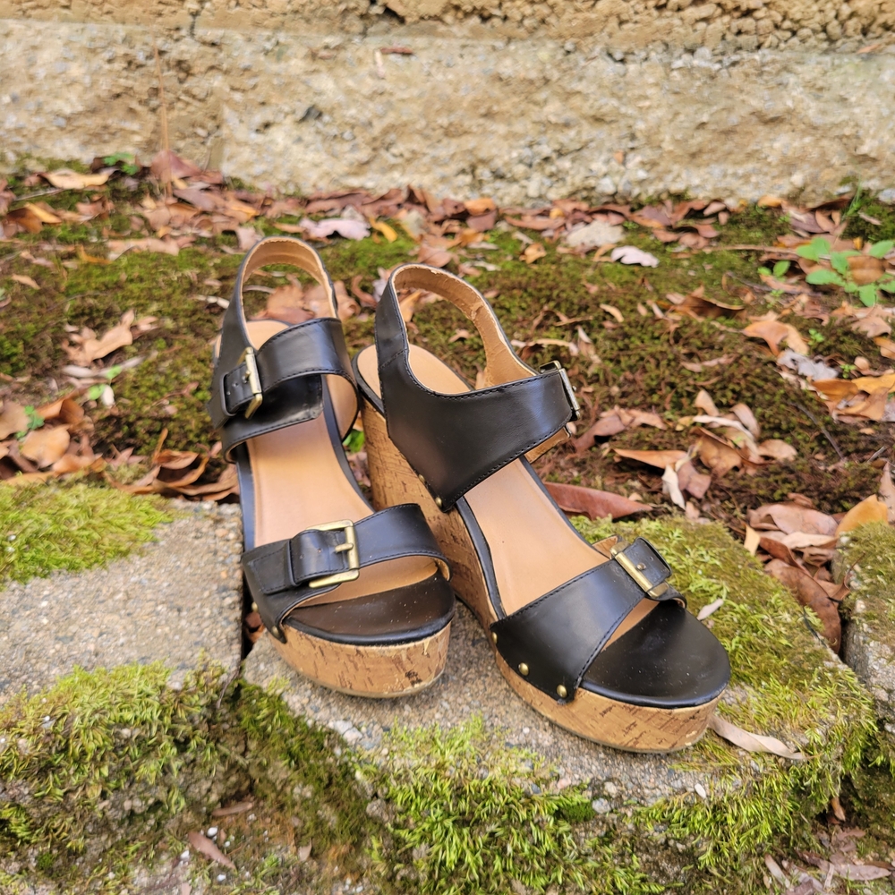 Merona Black Cork Wedge Sandals